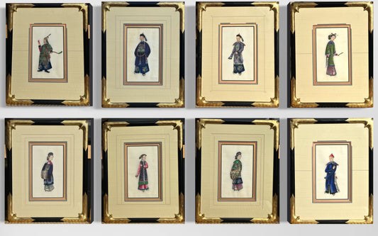 Set collections of eight Chinese 19th century depicting portraits of court men and ladies in rich garments on pith paper.